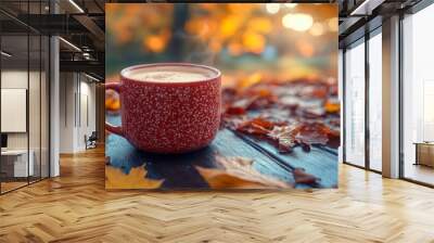 A steaming cup of coffee rests on a wooden table adorned with autumn leaves in a warm afternoon sunlight Wall mural