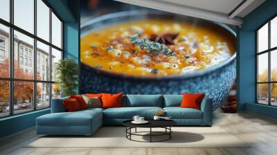 Close up of a steaming bowl of autumn spice soup with herbs and spices on a rustic wooden table Wall mural