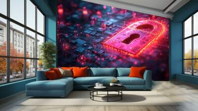 Digital lock representing cybersecurity in a futuristic technological environment during nighttime Wall mural