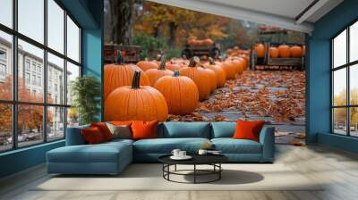 Explore a charming pumpkin patch filled with bright orange pumpkins on a rustic autumn afternoon Wall mural