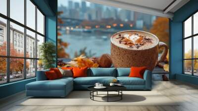 Hot latte with autumn spices overlooking a city skyline in a cozy café setting Wall mural