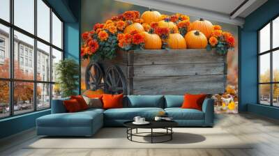 Rustic wooden cart filled with pumpkins and autumn flowers in a colorful fall landscape Wall mural