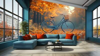 Vintage bicycle resting against a tree in a vibrant autumn forest Wall mural