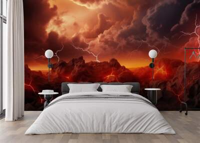 Apocalyptic Vision of a Volcanic Eruption with Spectacular Lightning Storm Wall mural