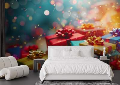 colorful gift boxes with ribbons and bows at a festive celebration Wall mural