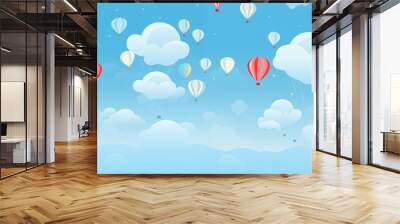 Hot Air Balloons Floating Among Fluffy Clouds in a Blue Sky Wall mural