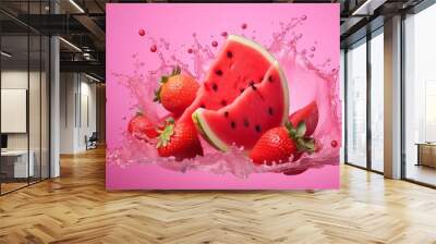 Ripe Watermelon and Strawberries Splashing into Water against a Pink Background Wall mural