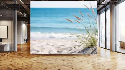 Serene beach scene with sand dunes, grasses, and calm ocean waves Wall mural