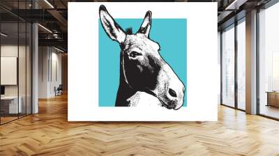 Donkey - black and white portrait. 
Closeup view of cute farm animal in engraving style. Vector illustration together with a large raster image. Wall mural