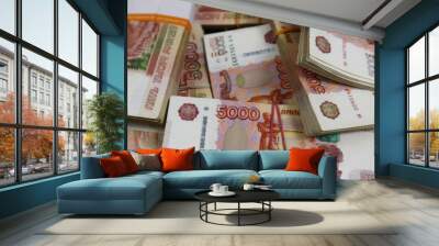 Russian money close-up. Set of banknotes of five thousand Russian rubles. Currency as financial concept.  Wall mural