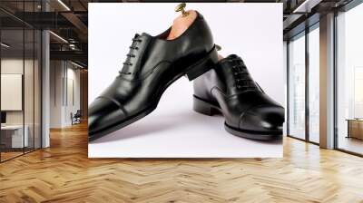 Black leather male shoes on white background isolated Wall mural