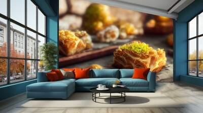 Baklava. Ramadan Dessert. Traditional Arabic dessert with nuts and honey, cup of tea on a concrete table. Top view, copy space. Generative AI. Wall mural