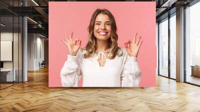 close-up portrait of assertive, confident beautiful girl with blond shor curly hair in white dress,  Wall mural