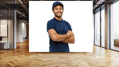 Delivery Concept - Handsome African American delivery man crossed arms over isolated on Grey studio Background. Copy Space. Wall mural