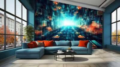 Global business, internet network connection, IoT Internet of Things, business intelligence concept. Busines global network, futuristic technology background. AI generative Wall mural