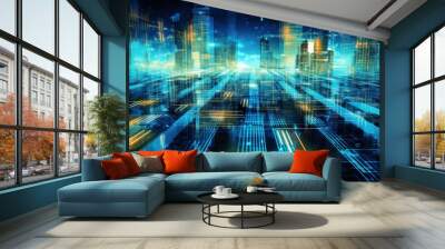 Global business, internet network connection, IoT Internet of Things, business intelligence concept. Busines global network, futuristic technology background. AI generative Wall mural