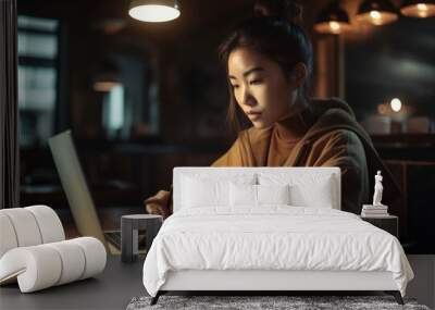 Happiness Attractive Asian woman in yellow shirt working with computer laptop thinking to get ideas and requirement in Business startup at modern office. AI Generative. Wall mural