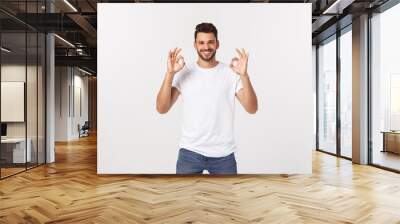 Satisfied young man showing okay sign isolated on white background. Wall mural