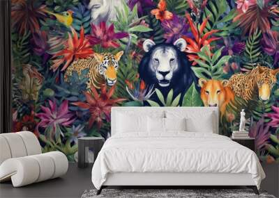 Tropical exotic pattern with animal and flowers in bright colors and lush vegetation. Ai Generative. Wall mural