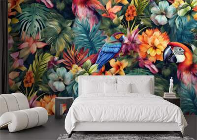 Tropical exotic pattern with animal and flowers in bright colors and lush vegetation. Ai Generative. Wall mural