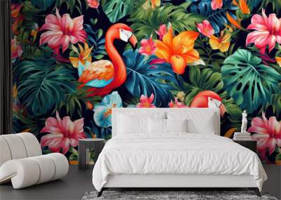 Tropical exotic pattern with animal and flowers in bright colors and lush vegetation. Ai Generative. Wall mural