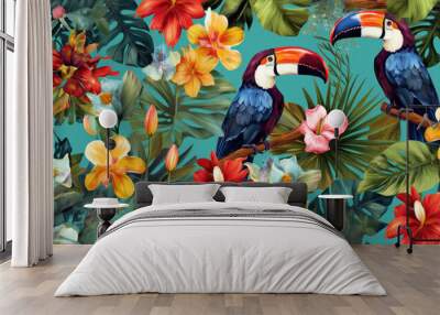 Tropical exotic pattern with animal and flowers in bright colors and lush vegetation. Ai Generative. Wall mural