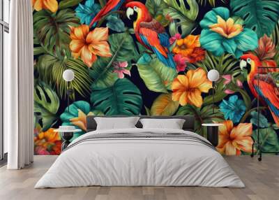 Tropical exotic pattern with animal and flowers in bright colors and lush vegetation. Ai Generative. Wall mural