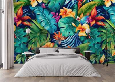 Tropical exotic pattern with animal and flowers in bright colors and lush vegetation. Ai Generative. Wall mural