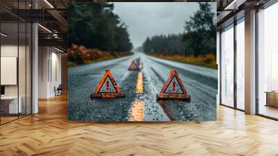 a warning signs on the side of the road which is in the shape of triangle shape Wall mural