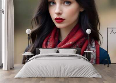 A young Caucasian woman with long dark hair and red lipstick, wearing a patterned scarf, looking thoughtfully off to the side Wall mural