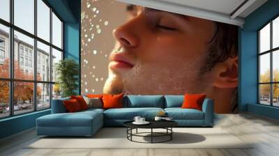 A young man is in a luxurious interior with foam on his shoulders while pouring water behind himself. Wall mural