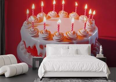 birthday cake, form is a circle, realistic, color is white, inside red, with some candles on top Wall mural