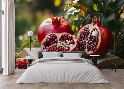 pomegranate and pomegranate seeds next to a book for a profile picture. artistic, white, red and green colours Wall mural