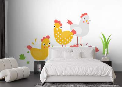 Cartoon flat vector chicken funny set Wall mural