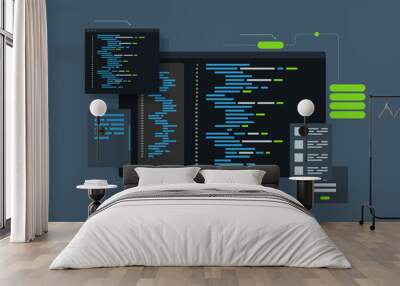 software development and programming, program code on laptop screen, big data processing, computing  Wall mural