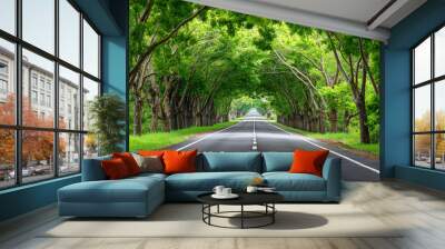 An empty road surrounded by trees and grass Wall mural