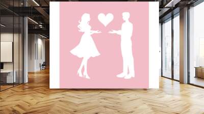 Silhouette Vectors. Both the man and the woman hold heart shaped objects in their hands together. It is a symbol of their love for each other. Set of color variations. Wall mural