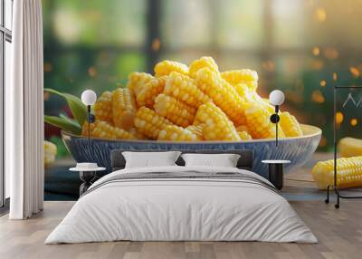 A bowl of yellow corn on a wooden table. The corn is in various stages of ripeness, with some still green and others already yellow Wall mural