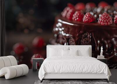 A chocolate cake with strawberries on top is shown in a blurry, dreamy light. The cake is placed on a plate with chocolate drizzle and chocolate sprinkles. Scene is one of indulgence and luxury Wall mural