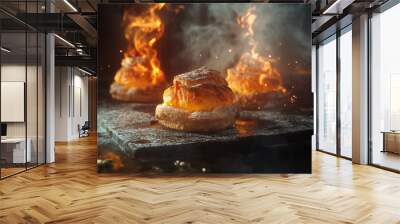 A close up of two pastries with a lot of smoke coming from them. The smoke is coming from the pastries, which are likely being baked. Concept of warmth and comfort Wall mural