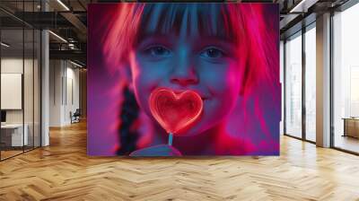 A girl is holding a heart-shaped lollipop. The image has a sad and melancholic mood Wall mural