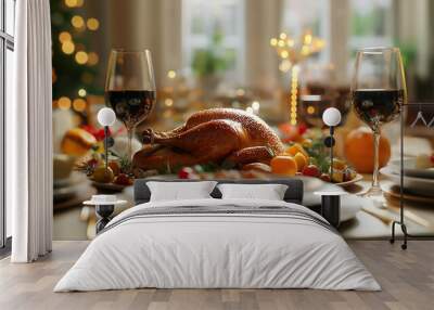 A large turkey is on a table with two wine glasses and a lit candle. The table is set for a festive meal, with a variety of fruits and vegetables as well as a plate of turkey Wall mural