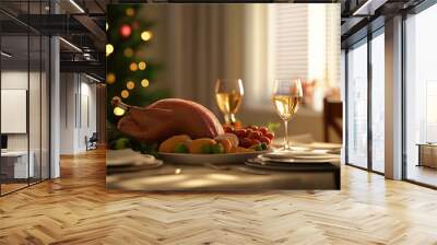 A large turkey is on a table with two wine glasses and a lit candle. The table is set for a festive meal, with a variety of fruits and vegetables as well as a plate of turkey Wall mural