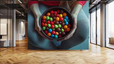 A person is holding a bowl of colorful candies. The bowl is filled with a variety of candies, including M&M's, and the person is sitting on the floor. Concept of relaxation and enjoyment Wall mural