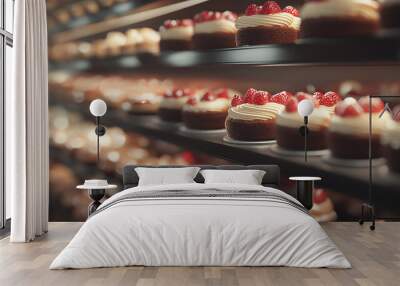 A row of cupcakes with red frosting and raspberries on top. The cupcakes are displayed on a shelf in a bakery Wall mural