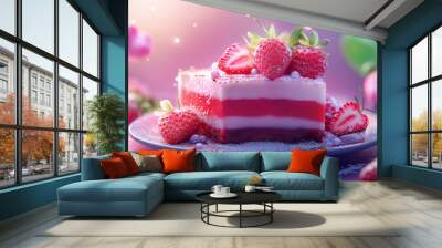 A strawberry cake with whipped cream and strawberries on top. The cake is placed on a white plate and surrounded by strawberries Wall mural