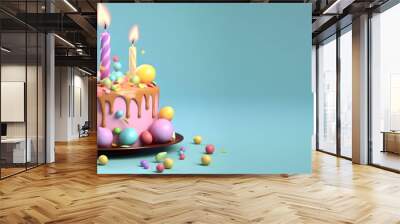 colorful cake decorated with sweets on a blue background poured with chocolate. Place for your text Concept, 3d render illustration, Generative AI Wall mural