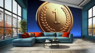 Digital illustration of gold medal with number 1, blue background. Generative AI Wall mural