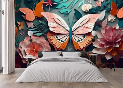 Paper cut butterfly and flowers. paper art style illustration, Generative AI Wall mural