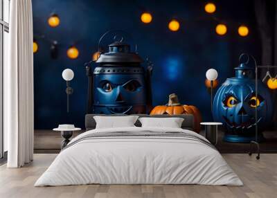 Two halloween lanterns with evil eyes and face on a wood table with a spooky dark blue background at night with light bokeh. empty copy space, Generative AI Wall mural